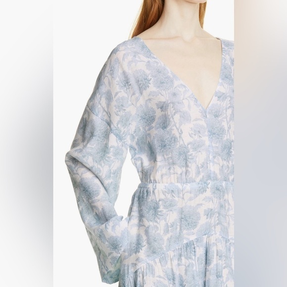 Vince Dahlia Floral Summer Dress Long Sleeve V Neck Women M Baby Blue White - Picture 16 of 16